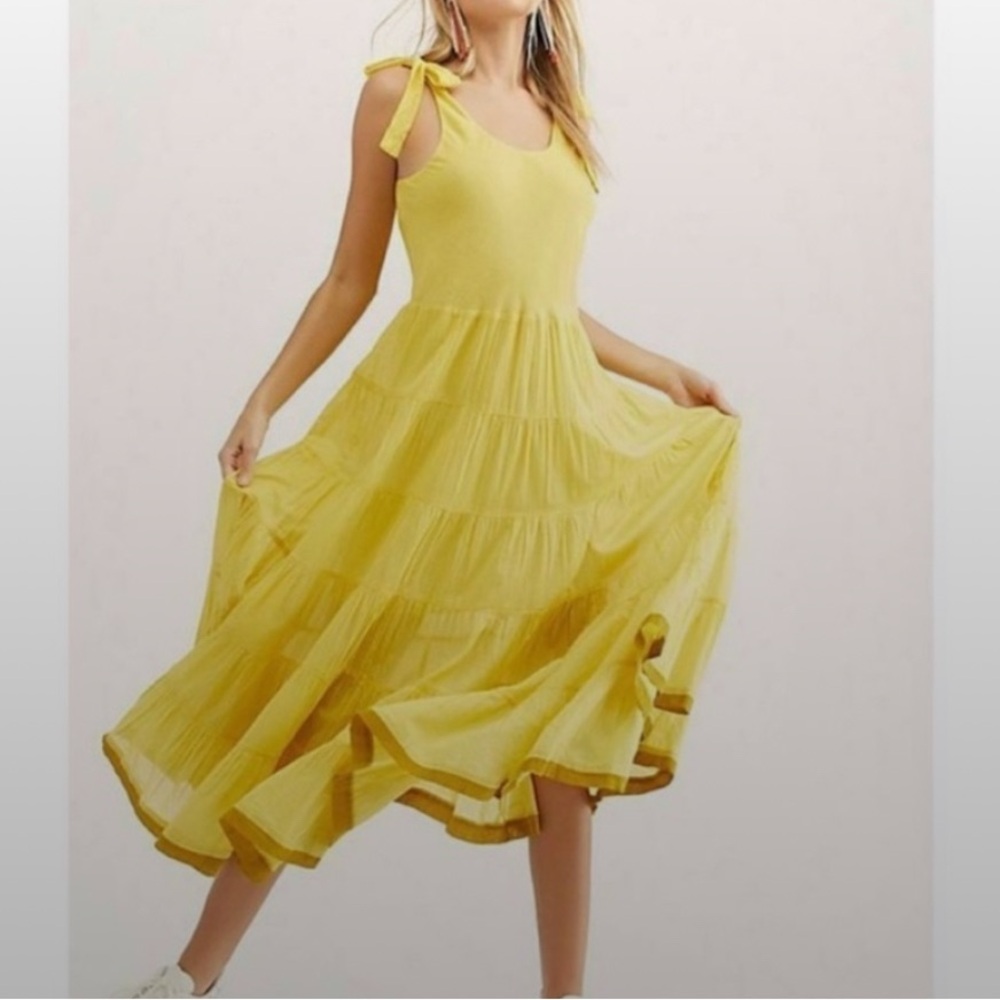 Free People Kikas-Yellow Tie-Shoulder Tiered Midi Dress